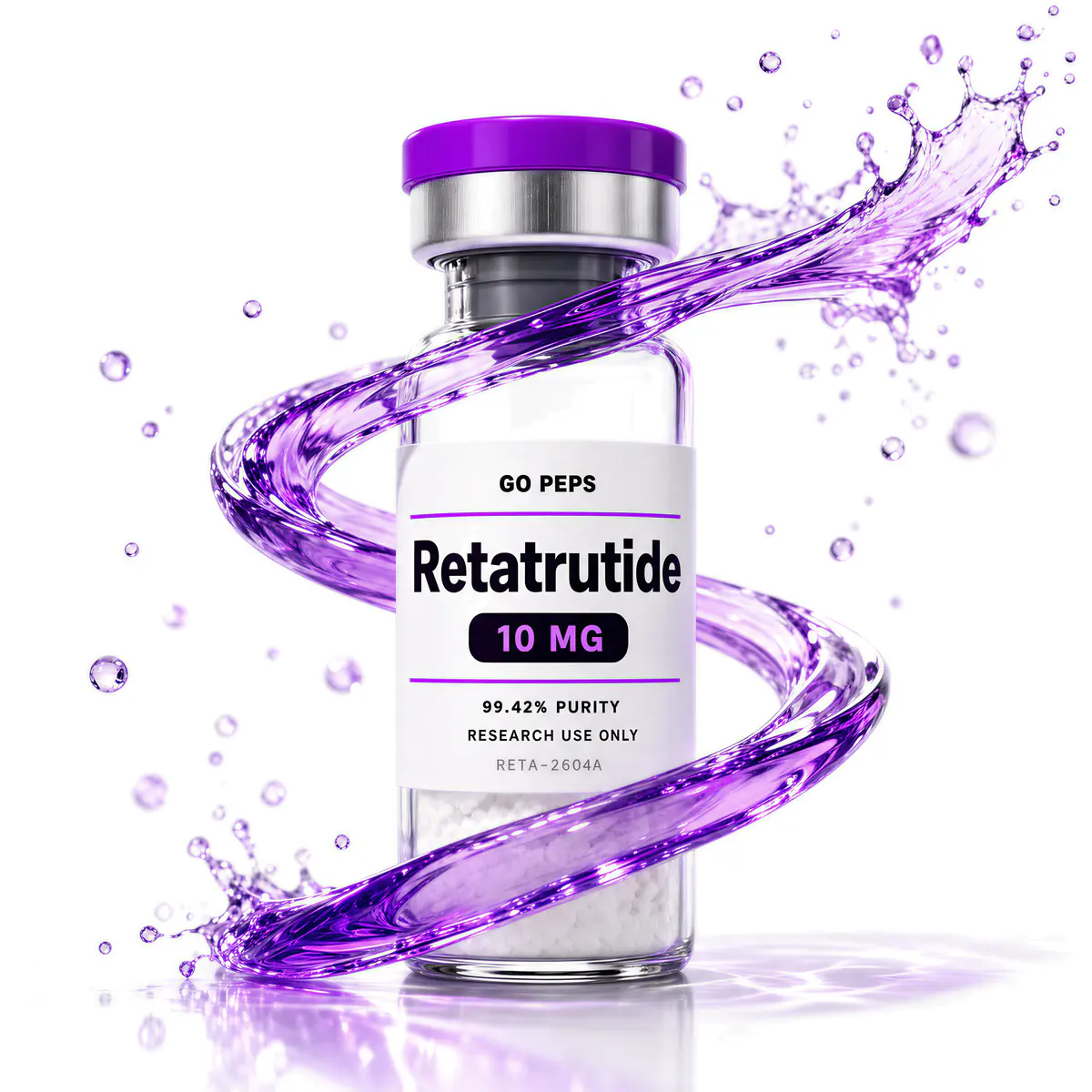 Flacon Retatrutide 10 mg GO PEPS, 99,42 % de purete, lot RETA-2604A